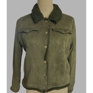 Joujou Grunge Shearling Corduroy Snap Button Pocket Olive Green Bomber Jacket